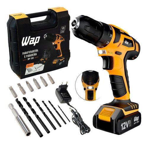 Kit Completo: Furadeira Parafusadeira Sem Fio Wap BPF 12K3 12V com Acessório, Voltagem 110/220