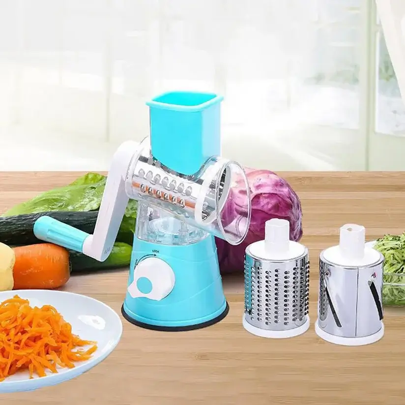 Cortador de Vegetais Multifuncional com 3 Lâminas de Aço - Ralador de Queijo e Amendoim Manual