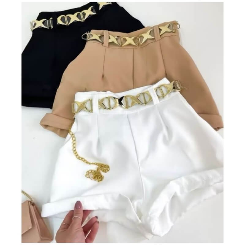 Short Alfaiataria Feminino com Cinto Corrente Cintura Alta Verão - Promocão