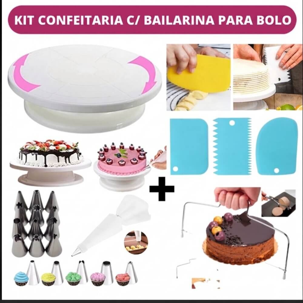 Kit Confeitaria Profissional Completo com Bailarina Giratória + Bicos de Confeitar + Raspadores + Nivelador de Bolo